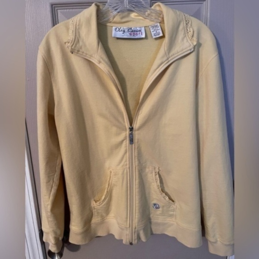 Oleg Cassini Sport yellow zip front warm up jacket with crochet lace trim.